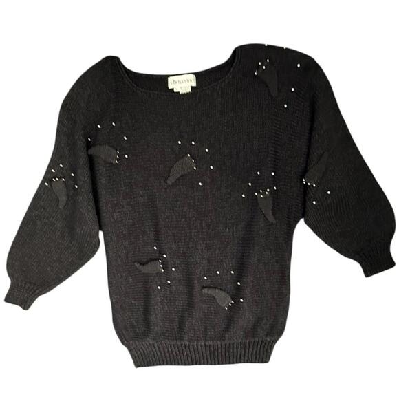 Sweaters - Chavenne Black Knit Sweater with 3D Accents and Pearl Beads – Size L